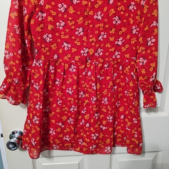 Free People Womens Red‎ Floral Chiffon Long Sleeve Mini A Line Dress Sz 0 EUC - Picture 5 of 16